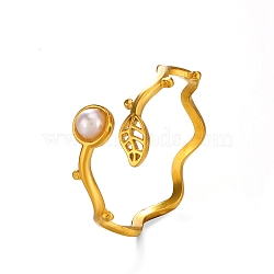 Leaf Stainless Steel Open Cuff Rings, Plastic Imitation Pearls Jewely for Women, Golden, US Size 8(18.1mm)(PW-WGA710A-01)