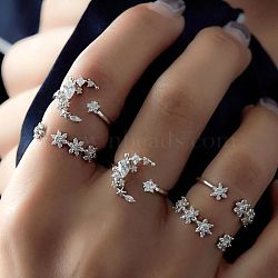 5Pcs Moon & Flower Alloy with Crystal Rhinestone Cuff Rings, Platinum, Inner Diameter: 16~17mm(FS-WGA9DDB-01)