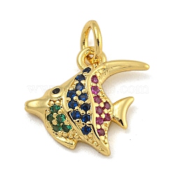 Rack Plating Brass Micro Pave Cubic Zirconia Charms, Long-Lasting Plated, Cadmium Free & Lead Free, Real 18K Gold Plated, Shark, 13x13.5x3mm, Hole: 3.5mm(KK-I718-03G-E)