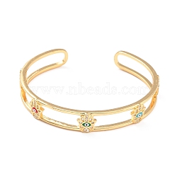 Cubic Zirconia Hamsa Hand with Evil Eye Open Cuff Bangle with Enamel, Real 18K Gold Plated Brass Jewelry for Women, Cadmium Free & Lead Free, Colorful, Inner Diameter: 2-3/8 inch(5.9cm)(BJEW-A123-12G)