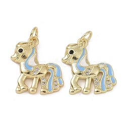 Brass Micro Pave Cubic Zirconia Pendants, with Enamel and Jump Ring, Horse Charms, Light Blue, 17.5x14.5x3mm, Hole: 3.4mm(KK-L209-079G-02)