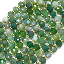 Natural Banded Agate Beads Strands, with Seed Beads, Dyed & Heated, Faceted, Lantern, Green, 8~8.5x6.5~7mm, Hole: 0.6mm, about 44pcs/strand, 15.16 inch(38.5cm)(G-K389-E18-01)