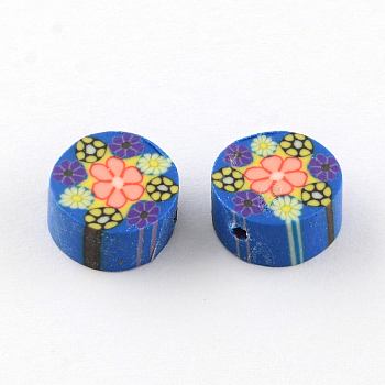 Handmade Flat Round with Flower Polymer Clay Beads, Royal Blue, 10~11x4~5mm, Hole: 1mm