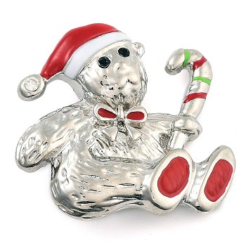 Christmas Theme Enamel Pins, Alloy Rhinestone Brooches for Backpack Clothes, Snowman with Candy Cane, Platinum, 37.5x39mm