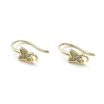 Brass Micro Pave Cubic Zirconia Earring Hooks, Long-Lasting Plated, Butterfly, 14x5mm, Hole: 1.4mm, Pin: 0.6mm