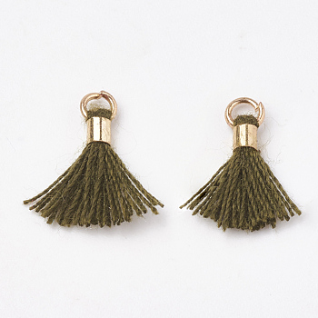 Polycotton(Polyester Cotton) Tassel Pendant Decorations, Mini Tassel, with Brass Findings, Light Gold, Dark Olive Green, 10~15x3~4mm, Hole: 2mm
