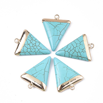 Electroplate Synthetic Turquoise Pendants, with Iron Findings, Triangle, Golden, 30~34x23x5~5.5mm, Hole: 1.6mm