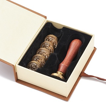(Defective Closeout Sale: Oxidation) Random Style Wax Seal Stamp Set, Including 6Pcs Brass Wax Seal Stamp Heads and 1Pc Wood Handle, with Gift Box, Mixed Patterns, Golden, 119x94x41.5mm, Stamp Heads: about 25.5x14.5mm, Hole: 7mm, Random 6 styles, 1pc/style