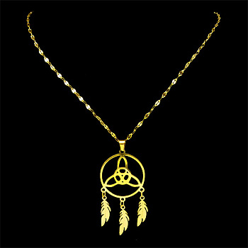 Triquetra/Trinity Knot with Woven Net/Web with Feather Pendant Necklaces, 304 Stainless Steel Dapped Chain Necklaces , Golden, 15.94 inch(40.5cm)