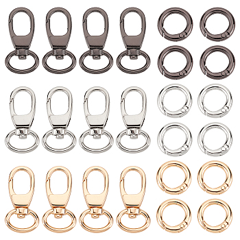 Elite Alloy Clasps Sets, Including 12Pcs 3 Colors Alloy Swivel Snap Hook Clasps and 12Pcs 3 Colors Alloy Spring Gate Rings, Mixed Color, Swivel Clasps: 38x19x6mm, Hole: 6x14mm, Spring Gate Rings: 20x5.5mm, 4pcs/color