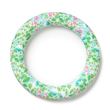 Food Grade Eco-Friendly Silicone Pendants, Ring with Cherry and Leaf Pattern, Light Green, 65x10mm, Hole: 4mm
