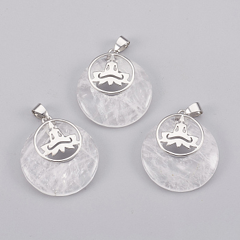 Natural Quartz Crystal Pendants, with Platinum Tone Brass Findings, Flat Round with Buddha, 32x28x7mm, Hole: 4x5mm