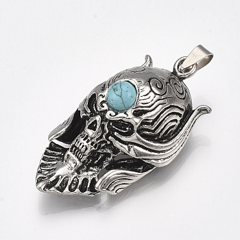 Alloy Big Pendants, with Synthetic Turquoise, Skull, Antique Silver, 57x31.5x23mm, Hole: 8.5x3.5mm