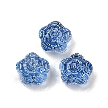 Transparent Glass Beads, Flowers Rose, Baking Paint, Marine Blue, 11.5x12x8.5mm, Hole: 1.2mm