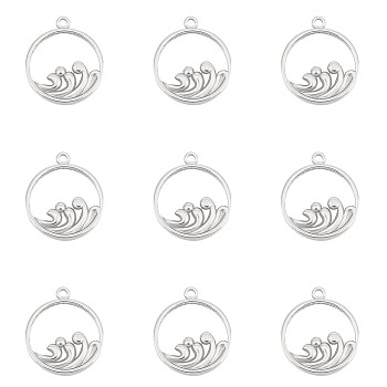 10Pcs 304 Stainless Steel Pendants, Flat Round with Sea Wave, Stainless Steel Color, 21x18x1.5mm, Hole: 1.5mm