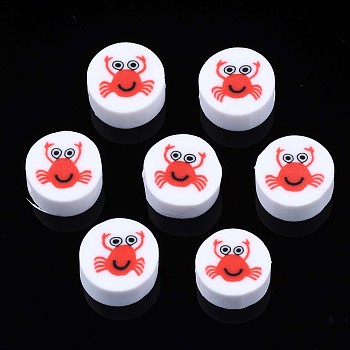 Handmade Polymer Clay Beads, Flat Round with Crab Patterns, White, 9.5~10x4.5mm, Hole: 1.8mm