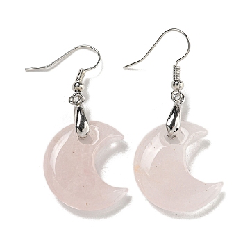 Rack Plating Moon Brass Dangle Earrings for Women, with Natural Rose Quartz, Cadmium Free & Lead Free, 50x21mm