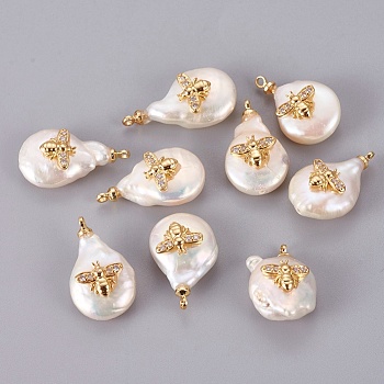 Natural Cultured Freshwater Pearl Pendants, with Brass Cubic Zirconia Cabochons, Long-Lasting Plated, Nuggets with Bees, Real 18K Gold Plated, 14~18x20~29x5~8mm, Hole: 1.4mm