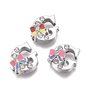 Alloy Enamel Letter Slide Charms, with Clear Cubic Ziconia, Cadmium Free & Lead Free, Initial Letters Style with Bowknot, Letter.G, G: 12.5x12.5x5.5mm, Hole: 1.5mm