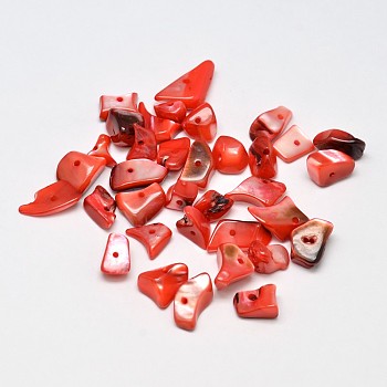 Dyed Natural Shell Nuggets Chips Beads, Orange Red, 11~16x6~9mm, Hole: 1mm, about 980pcs/500g