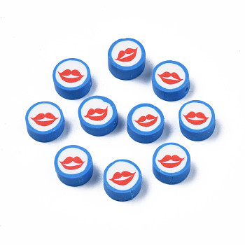 Handmade Polymer Clay Beads, Flat Round with Mouth, Royal Blue, 9.5~10x4~4.5mm, Hole: 1.6mm