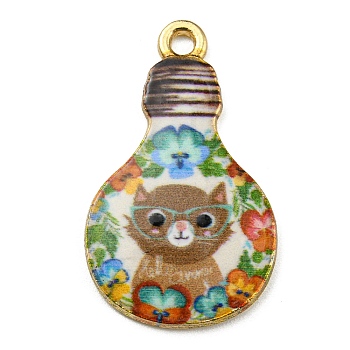 Alloy Pendant, Lead Free & Cadmium Free & Nickel Free, Lamp Bulb with Cat Shape, Camel, 28x17x1.5mm, Hole: 1.8mm