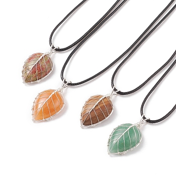 4Pcs 4 Style Natural Mixed Gemstone Leaf Cage Pendant Necklaces Set with Waxed Cords for Women, 17.32 inch(44cm), 1Pc/style