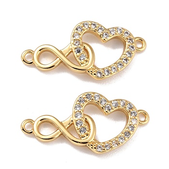 Brass Micro Pave Clear Cubic Zirconia Links Connectors, Heart with Infinity, Real 18K Gold Plated, 11.5x23.5x2mm, Hole: 1.4mm