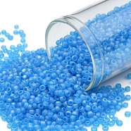 TOHO Round Seed Beads, Japanese Seed Beads, (163BF) Transparent AB Frost Dark Aquamarine, 11/0, 2.2mm, Hole: 0.8mm, about 1110pcs/bottle, 10g/bottle(SEED-JPTR11-0163BF)