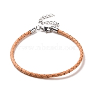 Braided Leather Cord Bracelet Making, with 304 Stainless Steel Lobster Claw Clasps and Extension Chain, Stainless Steel Color, Sandy Brown, 8-1/2 inch(21.5cm), 3mm(MAK-L018-05G)