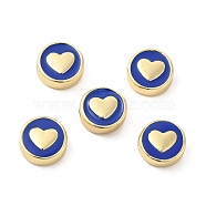Real 18K Gold Plated Brass Enamel Beads, Flat Round with Heart, Blue, 11x4.5mm, Hole: 2mm(KK-E068-VB456-2)