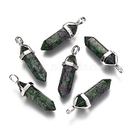 Natural Ruby in Zoisite Double Terminated Pointed Pendants, with Random Alloy Pendant Hexagon Bead Cap Bails, Bullet, Platinum, 36~45x12mm, Hole: 3x5mm, Gemstone: 10mm in diameter(G-F295-04N)