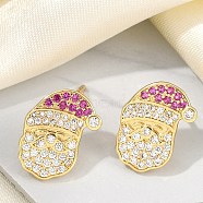 Christmas Rack Plating Brass Cubic Zirconia Stud Earrings, Real 18K Gold Plated, Long-Lasting Plated, Lead Free & Cadmium Free, Santa Claus, 14x9mm(EJEW-K245-55B-G)