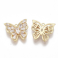 Brass Micro Pave Clear Cubic Zirconia Charms, Filigree Joiners Findings, Nickel Free, Butterfly, Real 18K Gold Plated, 14x15x4mm, Hole: 1.4mm(X-KK-S355-020-NF)