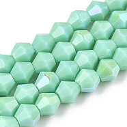 Opaque Solid Color Electroplate Glass Beads Strands, AB Color Plated, Faceted, Bicone, Light Cyan, 6x5.5mm, Hole: 1.2mm, about 45~47pcs/strand, 10.24~10.63 inch(26~27cm)(EGLA-A039-P6mm-L20)