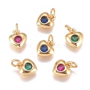 Brass Micro Pave Cubic Zirconia Charms, with Jump Ring, Long-Lasting Plated, Heart, Golden, Mixed Color, 8x6.5x2mm, Hole: 3mm(ZIRC-G168-58G)