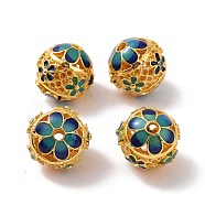 Hollow Alloy Beads, with Enamel, Round with Flower, Matte Gold Color, Blue, 14mm, Hole: 2mm(ENAM-L039-21MG-01)