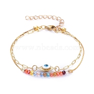 Multi-strand Bracelets, with Glass Beads, Brass Enamel Evil Eye Links, Brass Cardano/Cable Chain and 304 Stainless Steel Lobster Claw Clasps, Golden, 13-3/8 inch(34cm)(BJEW-JB05132)