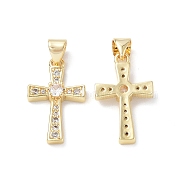 Eco-Friendly Rack Plating Brass Micro Pave Cubic Zirconia Pendants, Long-Lasting Plated, Lead Free & Cadmium Free, Religion Cross Charm, Real 18K Gold Plated, 21x12.5x3.5mm, Hole: 5x3.5mm(KK-F845-30G)