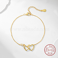 Interlocking Heart 925 Sterling Silver Link Bracelets, with  Cubic Zirconia, Golden, 5-1/2 inch(14cm)(AX0122)