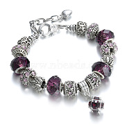 Tibetan Style Alloy & Glass Beaded European Bracelets, Women DIY Beaded Large Hole Ball Charm Bracelets, Antique Silver, Purple(RX0966-2)