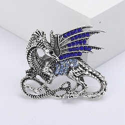 Dragon Rhinestone Pins, Alloy Brooches for Unisex Gift, Antique Silver, 39x33mm(PW-WG14714-02)