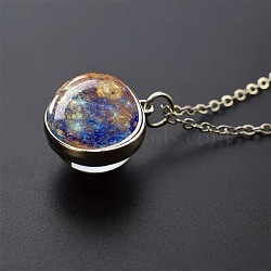 Luminous Round Alloy with Glass Planet Pendant Necklaces, Platinum, Cornflower Blue, 19.69 inch(50cm)(FS-WG4A1FF-05)