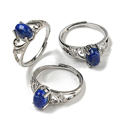 Oval Natural Lapis Lazuli Adjustable Rings, Brass Clear Cubic Zirconia Ring for Women, Long-Lasting Plated, Lead Free & Cadmium Free, Platinum, Inner Diameter: 18mm(RJEW-Q818-01P-05B)