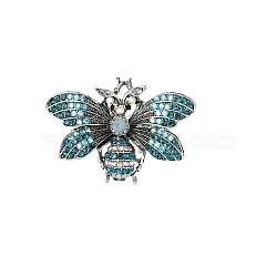 Bee Alloy Rhinestone Brooch, Insect Badge for Clothes, Antique Silver, Indicolite, 57x40mm(PW-WGAD9CF-03)