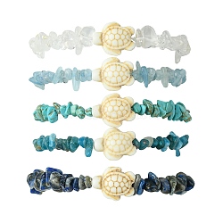 5Pcs 5 Styles Natural Quartz Crystal & Lapis Lazuli & Apatite & Aquamarine & Synthetic Turquoise Chip Beaded Stretch Bracelet Sets, Summer Beach Turtle Stackable Bracelets for Women, Inner Diameter: 2 inch(5cm), 1pc/style(BJEW-JB10840)