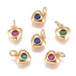 Brass Micro Pave Cubic Zirconia Charms, with Jump Ring, Long-Lasting Plated, Heart, Golden, Mixed Color, 8x6.5x2mm, Hole: 3mm(ZIRC-G168-58G)