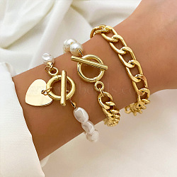 3Pcs 3 Styles Alloy Bracelet Set for Women, Golden, 8-1/4 inch(21cm) & 9-1/8 inch(23cm) & 10-7/8 inch(27.5cm)(WGAFCFA-01)