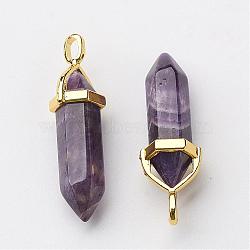 Natural Amethyst Pointed Pendants, with Random Alloy Pendant Hexagon Bead Cap Bails, Golden, Bullet, 37~40x12.5x10mm, Hole: 3x4.5mm(G-G902-A04)