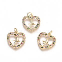 Brass Micro Pave Cubic Zirconia Pendants, Heart, Colorful, Golden, 19.5x18.5x2mm, Hole: 3.5mm(ZIRC-G152-30G)